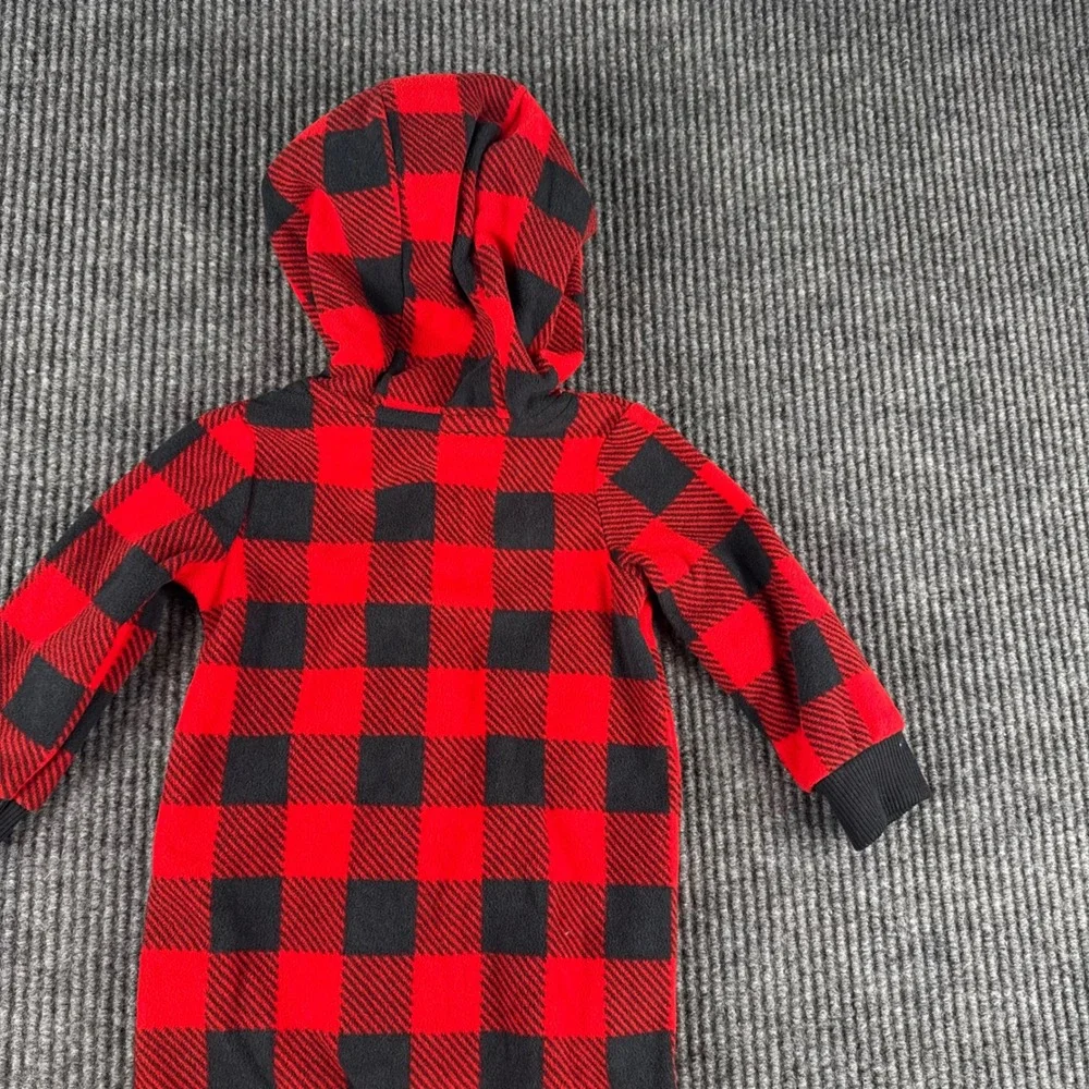 Carters Baby 12M Red Black Buffalo Plaid Fleece‎ Hooded Jumpsuit Romper 1I963610